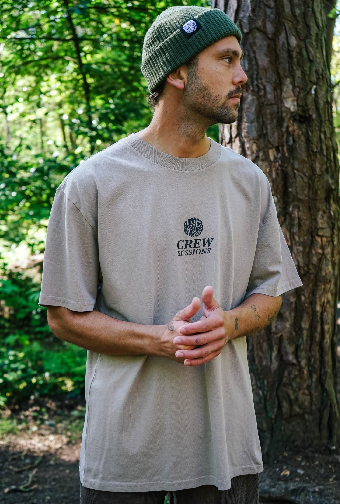 'CREW SESSIONS' Faded Box Tee - Tan